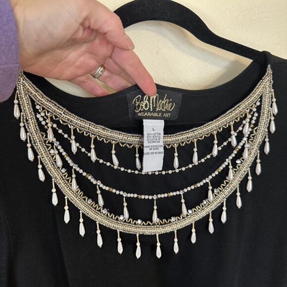 Bob Mackie Womens Pullover Sweater Large Wearable Art Black Beaded Pearl Accent - Picture 2 of 7